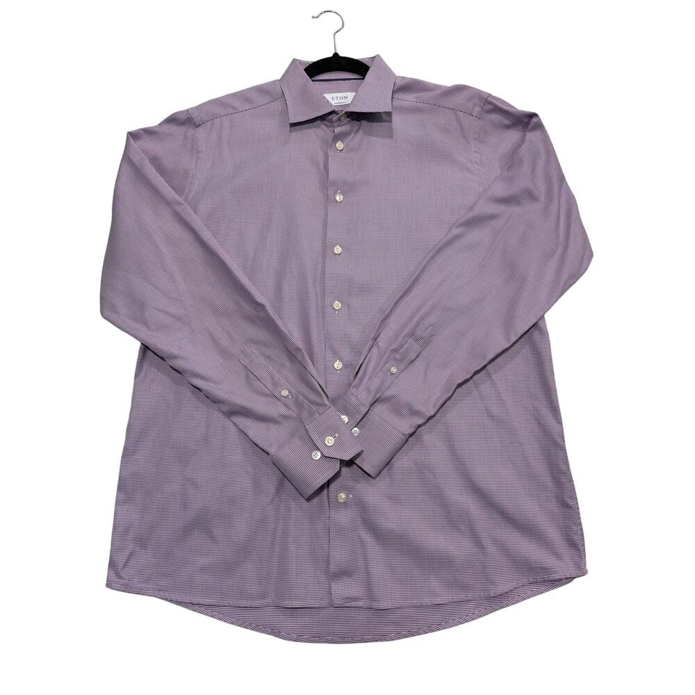 Eton Men's Cotton Sz 17.5 44 Oxford Button Up Long Sleeve Purple Checked Shirt